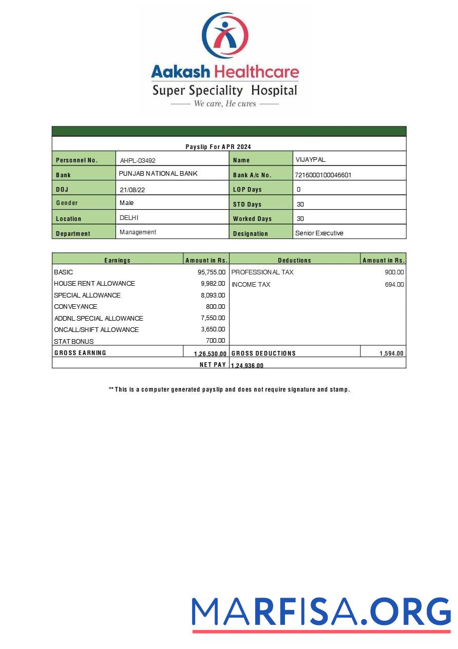 Downloadable Aakash Healthcare payslip template